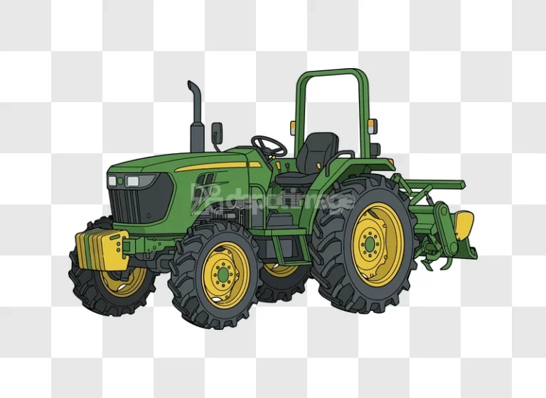 Flat Style Green Tractor cartoon illustration with yellow wheels and black background