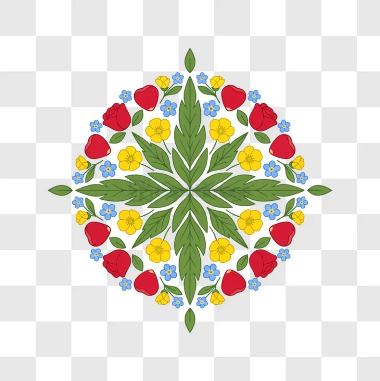 Floral Mandala Design symmetrical red yellow blue flowers green leaves