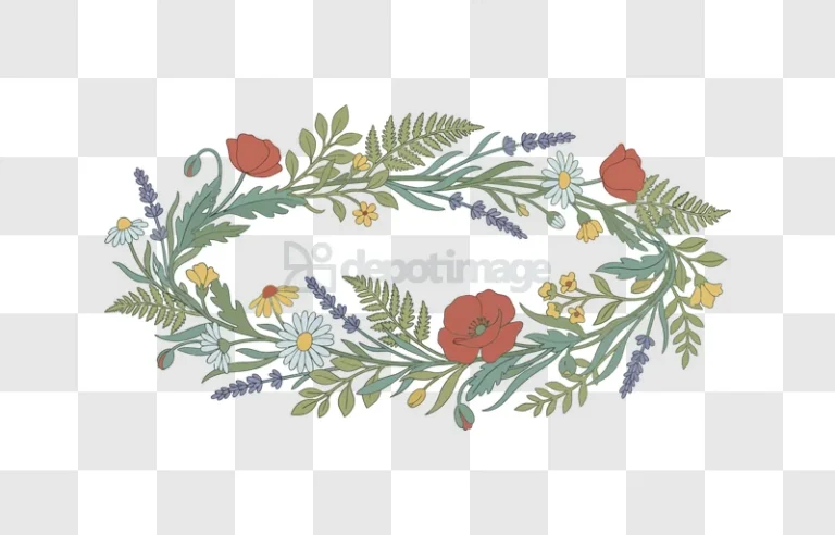Floral Oval Wreath With Poppies botanical illustration transparent background