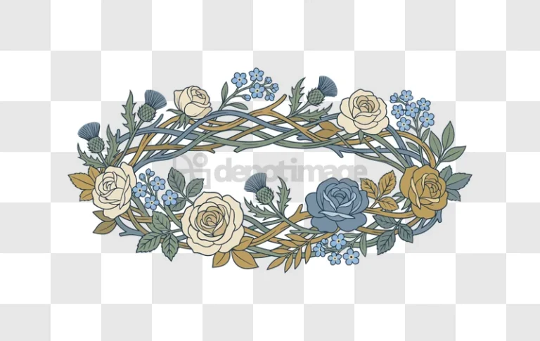 Floral Wreath With Thistles and Roses rustic blue gold botanical illustration