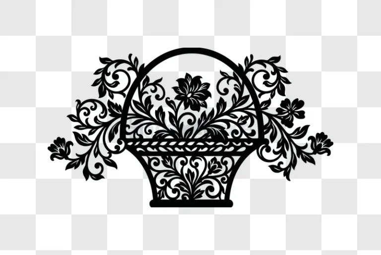 Flower Basket Scrollwork Silhouette Vect dark black background