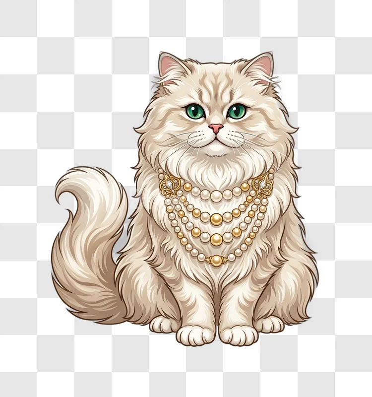 Fluffy Cat Emerald Eyes Pearl Gold Necklace illustration white fur transparent background