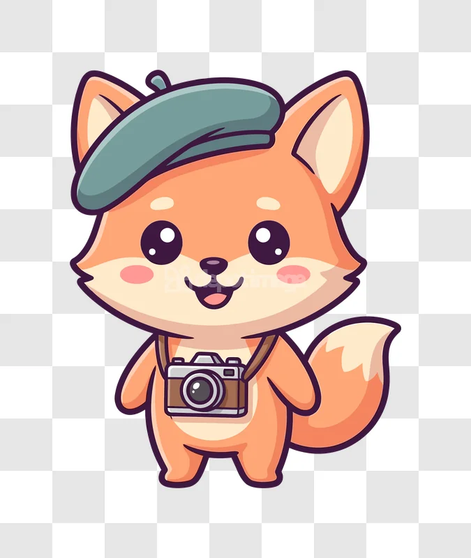 Fox Wearing Beret Camera Kawaii Illustration cute cartoon character transparent background