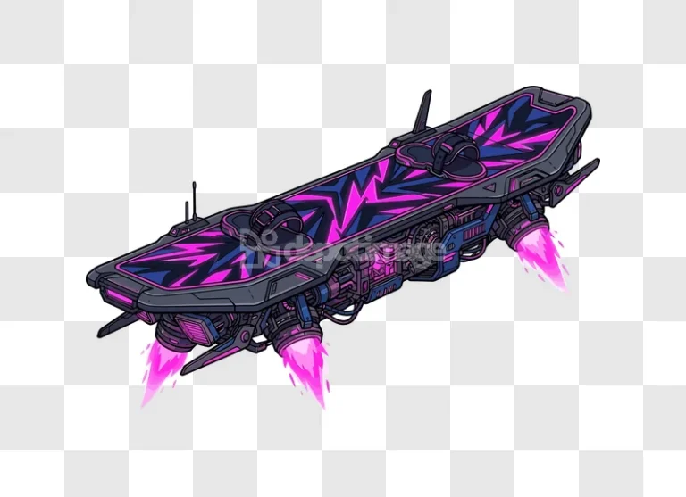 Futuristic Hoverboard With Pink and Blue Flames, neon vibrant colors transparent background