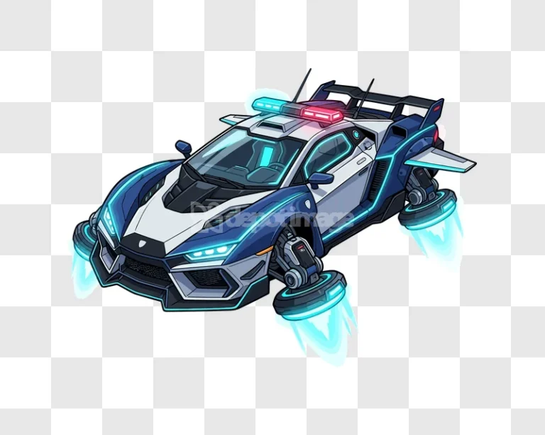 Futuristic Police Car Hovering blue white glowing jets