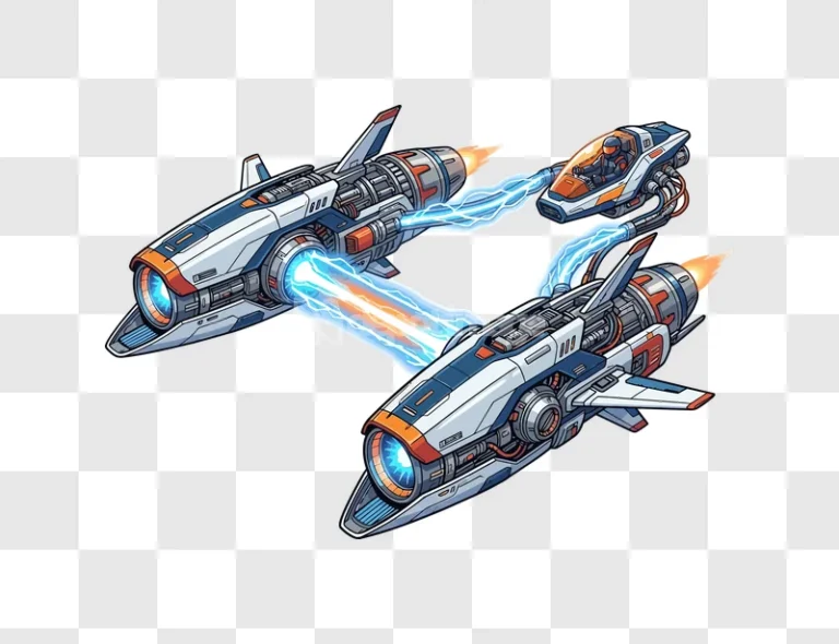 Futuristic Spaceships Firing Energy Beam cartoon style white blue orange