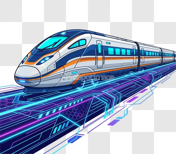 Futuristic Train on Neon Scifi Track cartoon style blue orange glowing