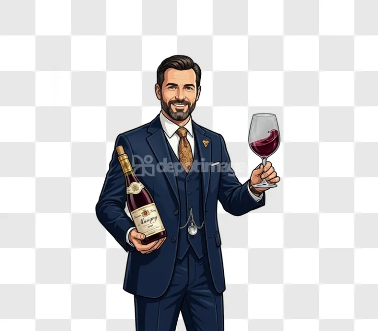 Gentleman Suit Pocket Watch Wine Gold Details, cartoon man blue suit wine bottle