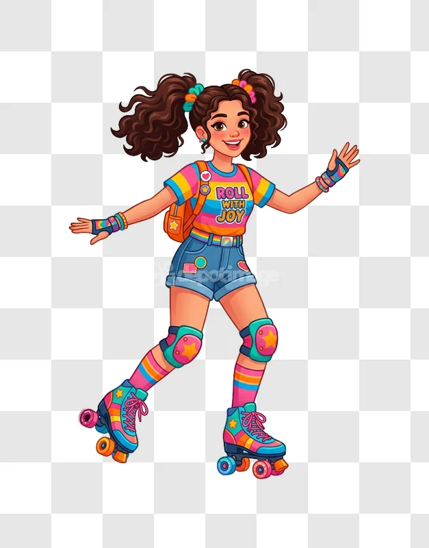 Girl Roller Skating Joyful Colorful Cartoon vibrant rainbow outfit transparent background