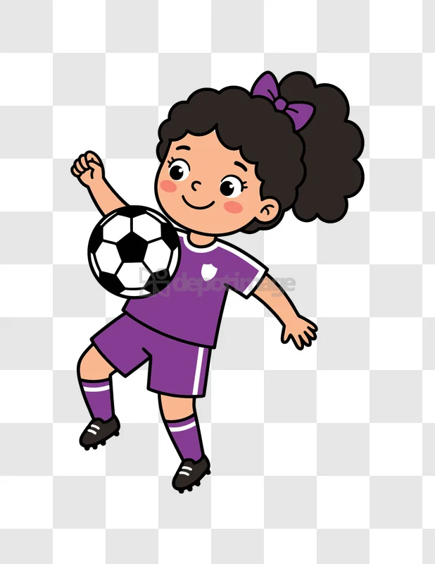 Girl Soccer Player With Ball Smile cartoon style purple uniform
