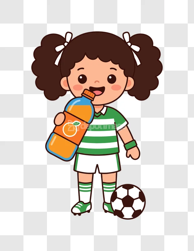 Girl Soccer Player With Orange Juice cartoon style transparent background
