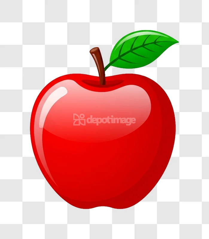 Glossy Red Fresh Apple With Leaf, shiny bright red fruit clipart