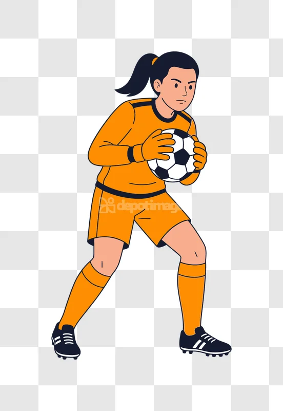 Goalkeeper Girl Holding Soccer Ball Ready flat illustration orange uniform