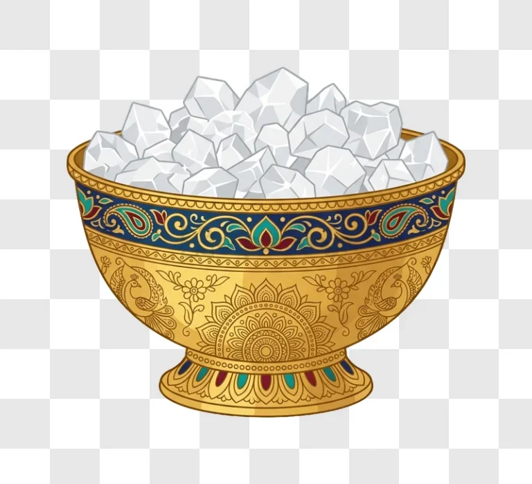 Gold Bowl Filled With Rocks, ornate golden bowl with white crystals