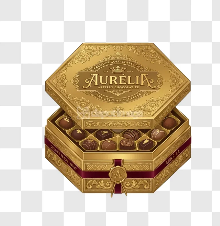 Gold Octagonal Chocolate Truffle Box Red Ribbon ornate design open with chocolates