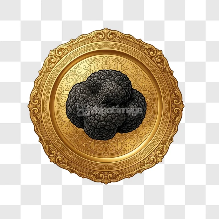 Gold Ornate Plate Holding Dark Black Truffle, detailed golden plate dark truffle