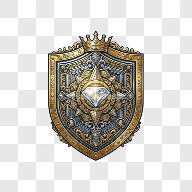 Gold Silver Diamond Regal Shield Emblem Jewelry ornate metallic crest with diamond