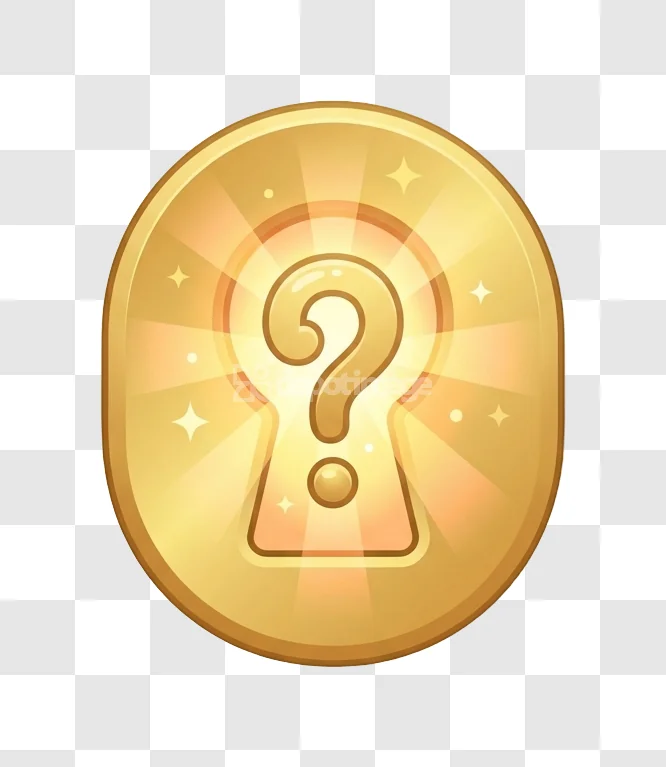 Golden Mystery Question Mark Icon Coin Style shimmering gold coin transparent