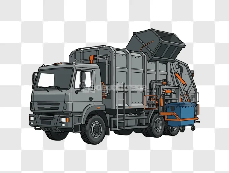 Gray Garbage Truck With Blue Bin detailed illustration transparent background