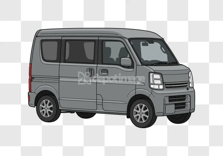 Gray Minivan Parked cartoon style, side view, black background