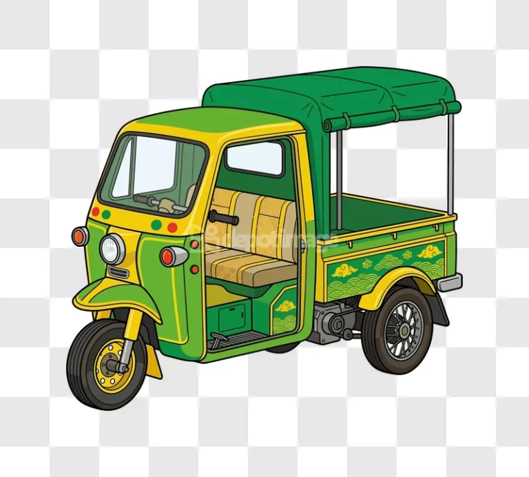 Green and Yellow Tuk Tuk Illustration vibrant cartoon style, detailed, transparent background