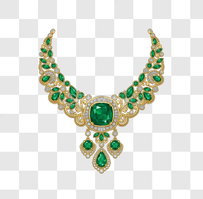 Green Emerald Gold Diamond Wedding Necklace ornate gold emerald diamonds transparent