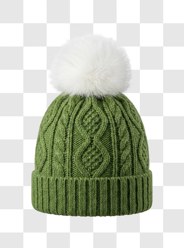 Green Knitted Beanie With White Pompom cable knit texture transparent background