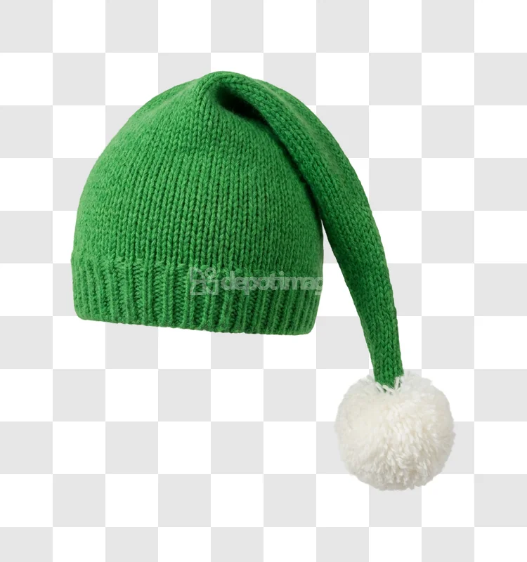Green Knitted Elf Hat With Pompom knitted texture white pompom
