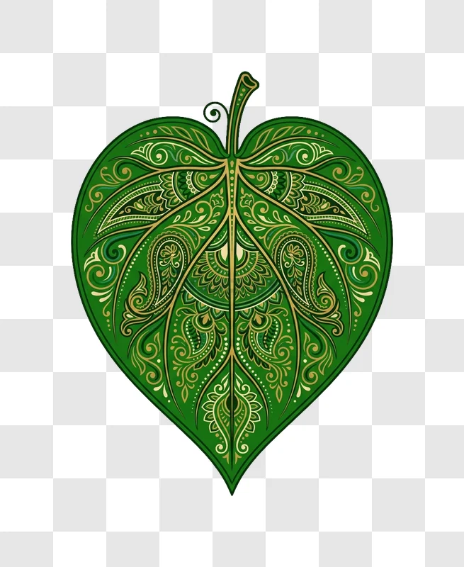 Green Leaf With Golden Mandala Pattern intricate gold patterns, dark green background