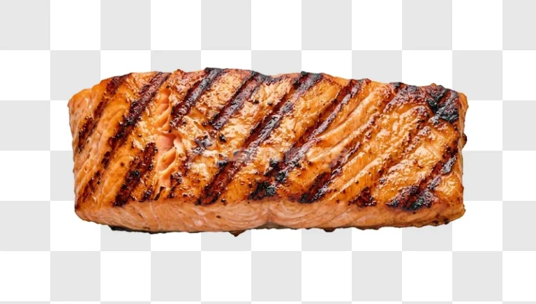 Grilled Salmon Fillet Meat Cooked Golden Brown with dark grill marks and golden-orange color