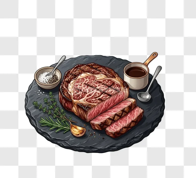 Grilled Steak Slices Rosemary Salt Sauce detailed illustration dark background