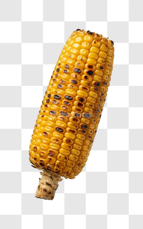 Grilled Sweet Golden Yellow Corn Cob with charred kernels, transparent background
