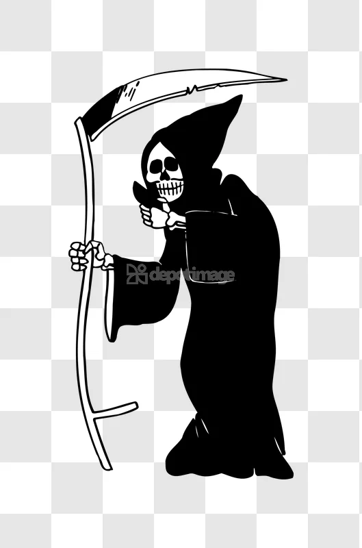 Grim Reaper Scythe Skeletal Illustration Icon black and white line art
