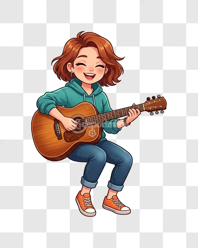 Happy Girl Playing Acoustic Guitar cartoon style vibrant colors transparent background