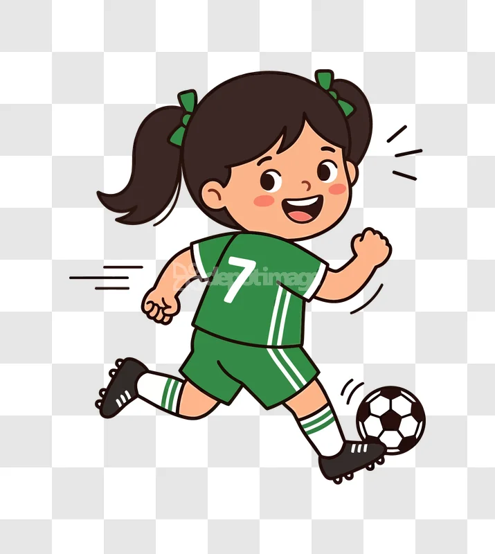 Happy Girl Playing Soccer Cartoon vibrant green uniform black background