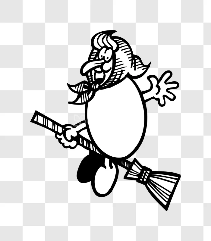 Happy Witch on Broom Cartoon Drawing black white line art