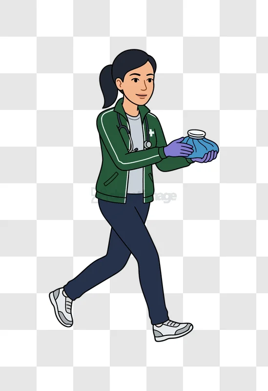 Healthcare Worker Holding Ice Pack Walking cartoon style transparent background