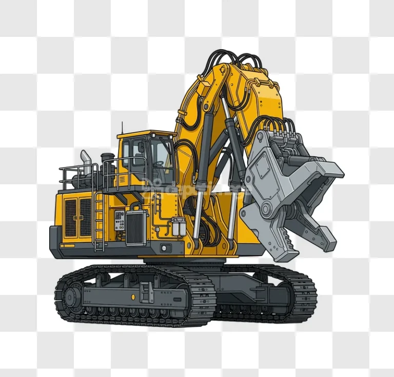 Heavy Yellow Industrial Excavator With Grapple detailed cartoon style transparent background