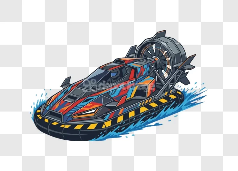 Hovercraft With Abstract Design on Water, colorful cartoon style, water splashes