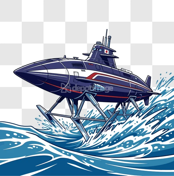 Hydrofoil Submarine Speeds Over Blue Water cartoon style blue red white