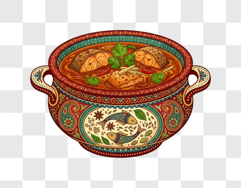 Illustrated Fish Curry in Decorative Pot vibrant colors intricate details