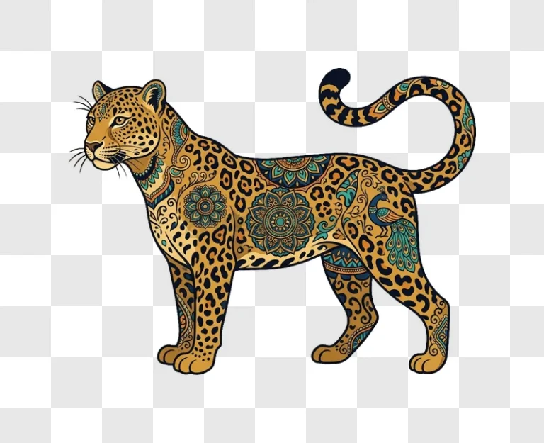 Illustrated Leopard With Ethnic Patterns intricate gold teal patterns