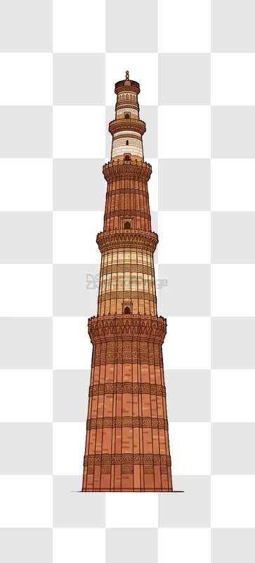 Illustrated Qutub Minar Brown Tones detailed architectural monument transparent background
