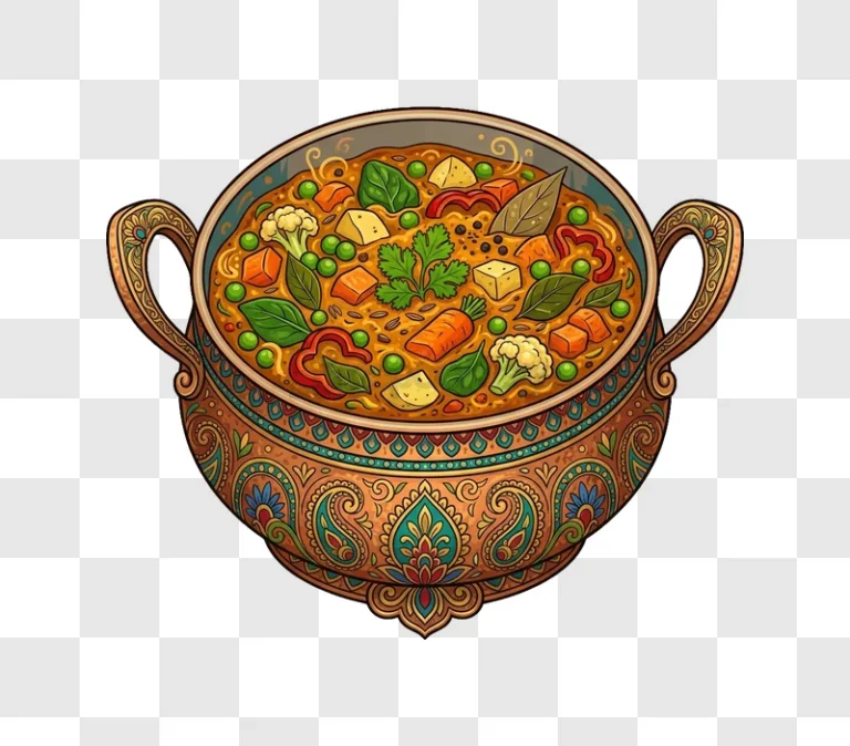 Indian Cuisine in Ornate Pot Illustration colorful detailed vector art