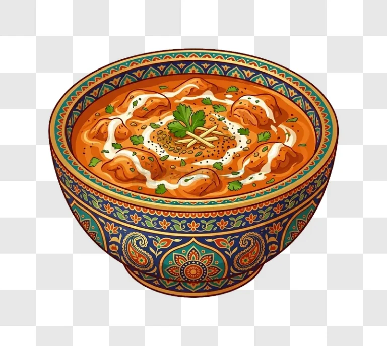 Indian Curry in Decorated Bowl colorful illustration intricate patterns