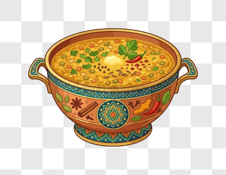 Indian Dal Curry in Decorated Bowl colorful cartoon illustration transparent background