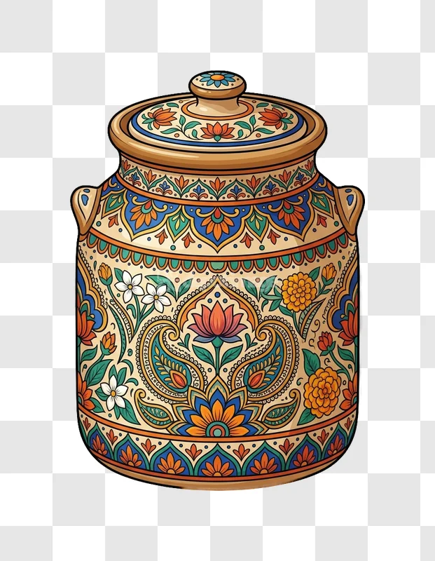 Indian Design Ceramic Pot With Lid intricate floral patterns, vibrant colors