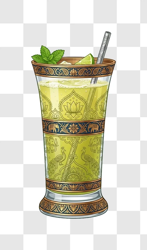 Indian Design Drink With Mint and Lime intricate patterns, yellow liquid, transparent background