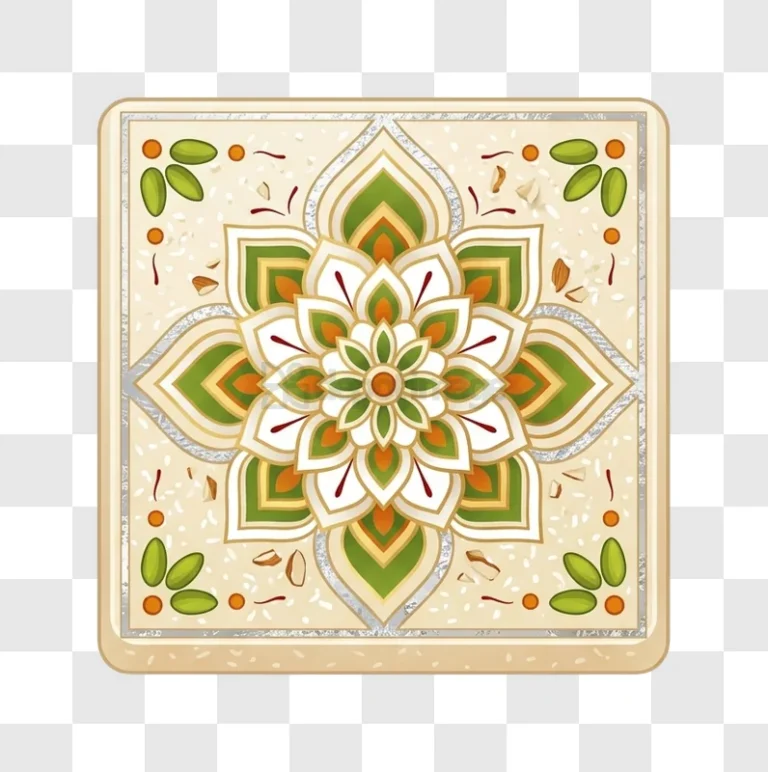 Indian Dessert Art With Nuts Saffron intricate mandala pattern, green orange white, textured background