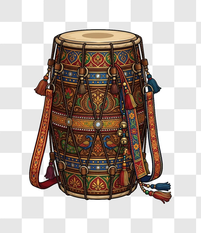 Indian Dhol Drum With Ornate Carvings detailed colorful patterns tassels